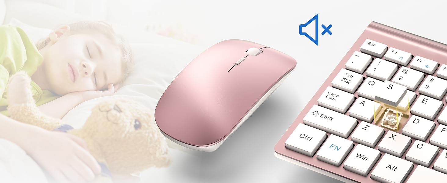 Комплект клавіатури та миші TopMate 2.4G Ultra Slim: тиха клавіатура з перемикачами Schissschalter та миша 2400DPI USB, з чохлом та батарейками AA/AAA, для ПК/ноутбука/Windows/Mac (Рожеве золото, Білий)