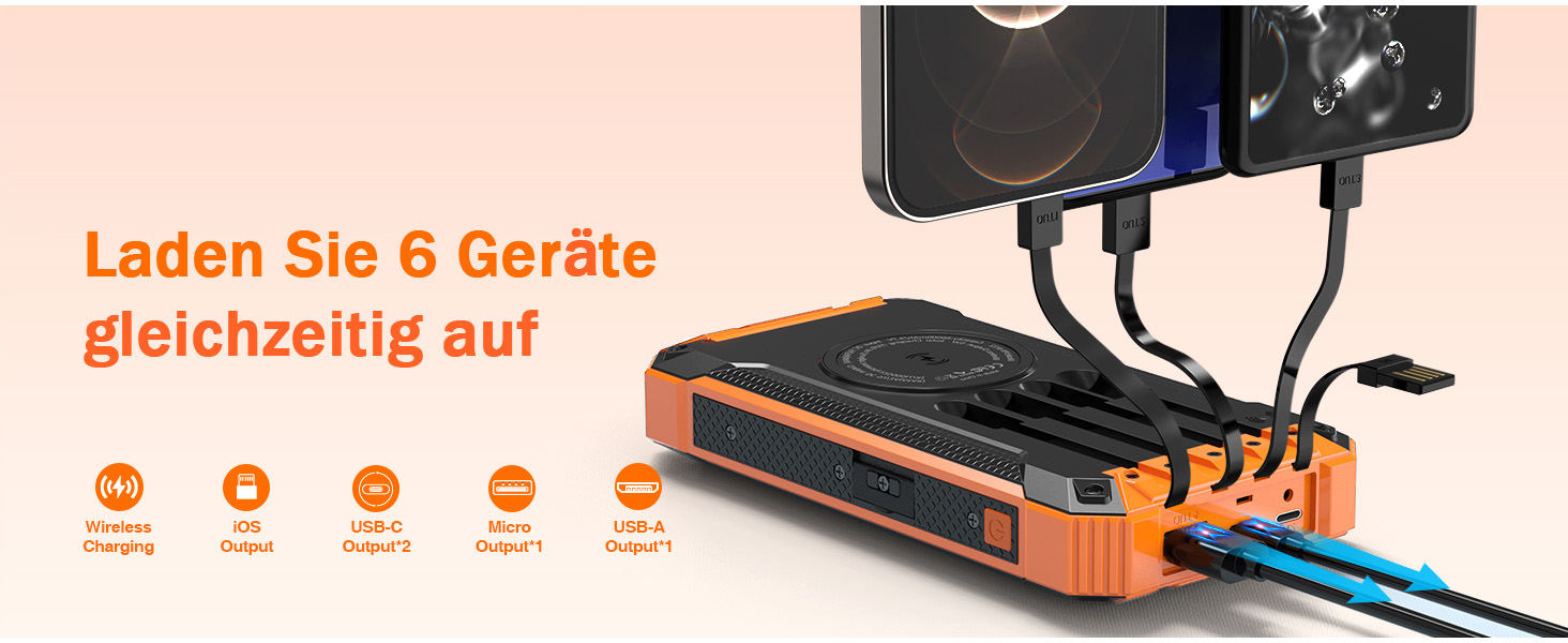 Power Bank Solar GOODaaa 26800mAh з 6 виходами, 4 входами, 15W, для мобільних пристроїв, з ліхтариком та карабіном (Оранжевий)