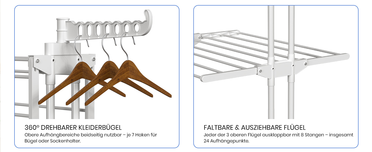 Сушарка для білизни Oak & Tea Turm, 83-200 см, з висувними крилами, XXL, 4 яруси, з колесами, для дому та вулиці, біла