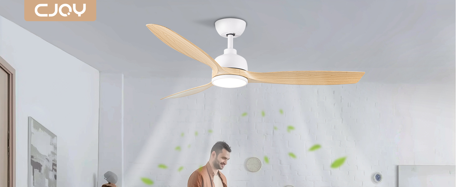 Стеляний вентилятор CJOY з підсвічуванням, 107 см, з пультом керування, DC, безшумний, з функцією зміни напрямку обертання, пам'ять 3CCT, регульована яскравість, 6 швидкостей, таймер для спальні (132 см, біле дерево)