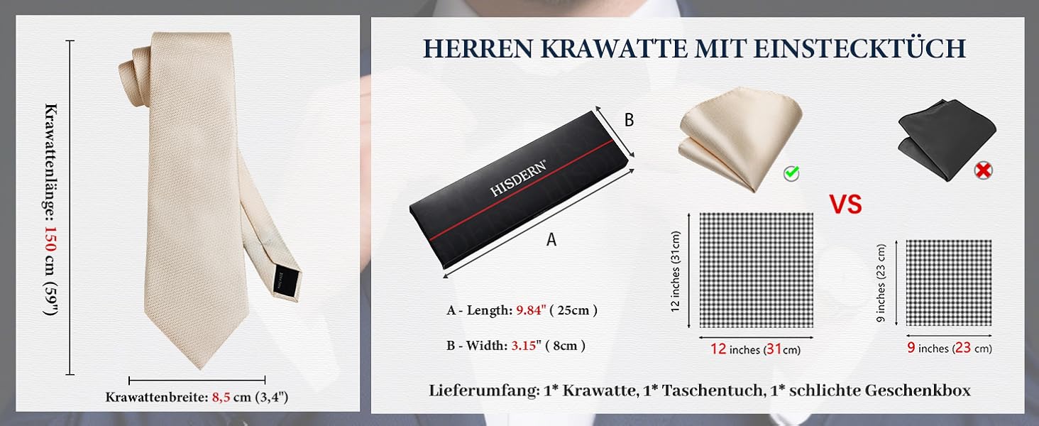 HISDERN Комплект краватки та нагрудного хустинки в клітинку для чоловіків, формальний стиль, класичний, для весілля, бежевий