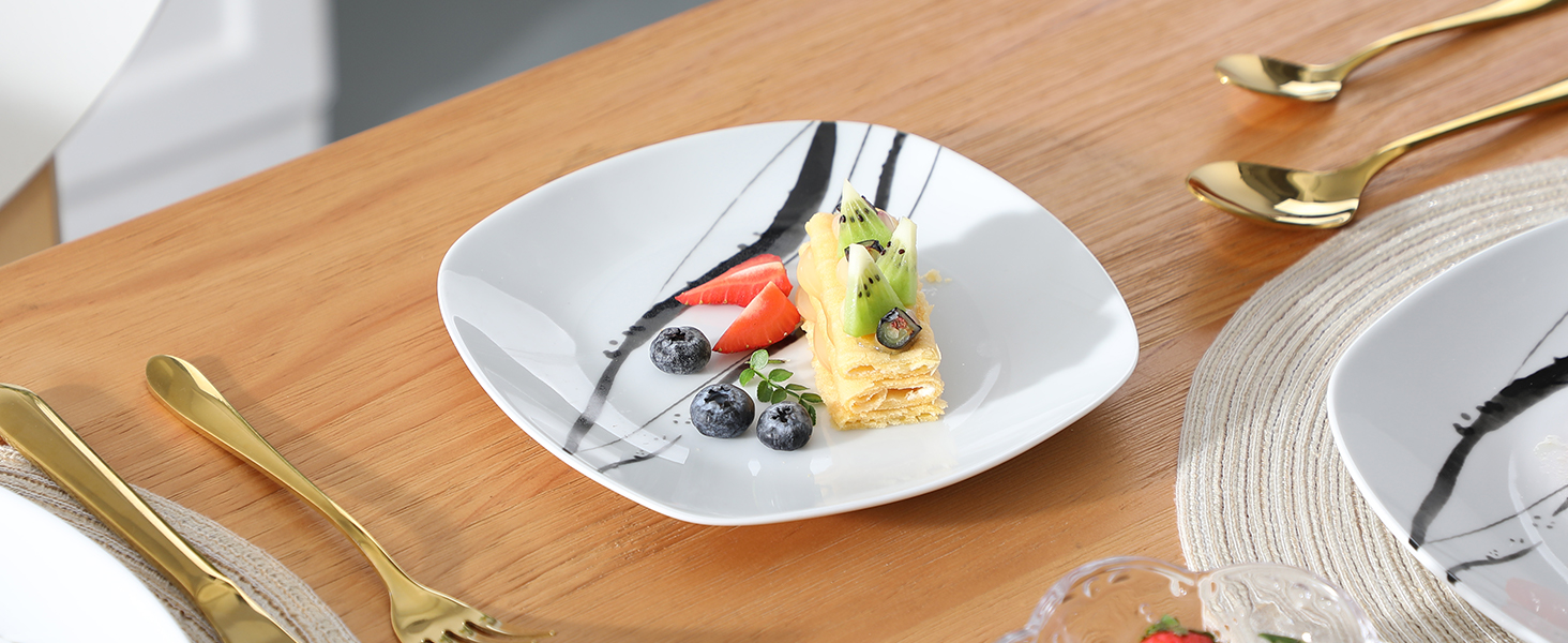 VEWEET Набір посуду з порцеляни для 4 осіб (24 елементи), серія FIONA: чорно-сірий декор, 12 елементів (тарілки та миски), підходить для щоденного використання, миється в посудомийній машині та розігрівається в мікрохвильовці