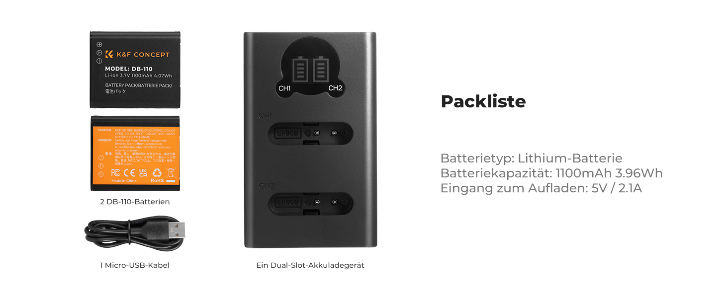 Акумулятор K&F CONCEPT DB-110 1100mAh 2 шт. з зарядним пристроєм Dual Slot, сумісний з Ricoh GR III, GR IIIx, Theta X, WG-6, G900 II, G900SE II, Olympus TG7/6/5/4