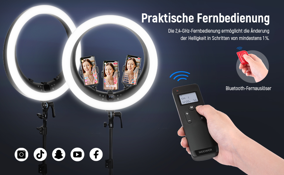 NEEWER Ringlicht RP19H 19 дюймів з триподом та 3 тримачами для телефону, дистанційне керування 2.4G, плавне регулювання яскравості, LCD та сенсорне керування, 42W CRI 97+ 2540 Lux, для стрімінгу, дому, офісу, Zoom, освітлення кільцеве світло з пусковим пристроєм