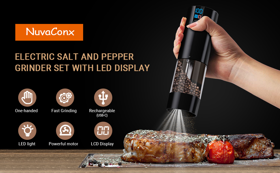 Електричний набір солі та перцю, USB, автоматична млинка, регулювання помелу, LED-дисплей, 120мл, сенсорне управління, для кухні, чорний, 2 шт.