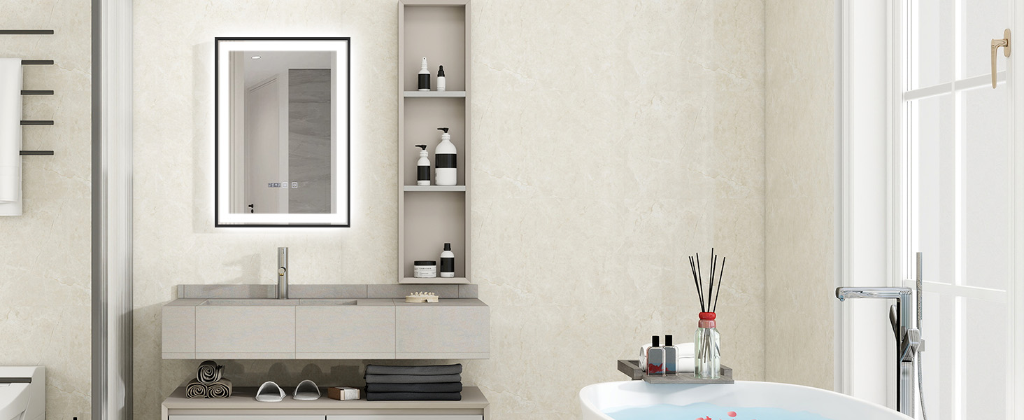 Дзеркало YOURLITE з підсвічуванням 70x50 см, LED дзеркало для ванної кімнати з годинником, сенсорне керування, 3 кольори світла, регулювання яскравості, антизапар, пам'ять, срібний (чорний-5070)