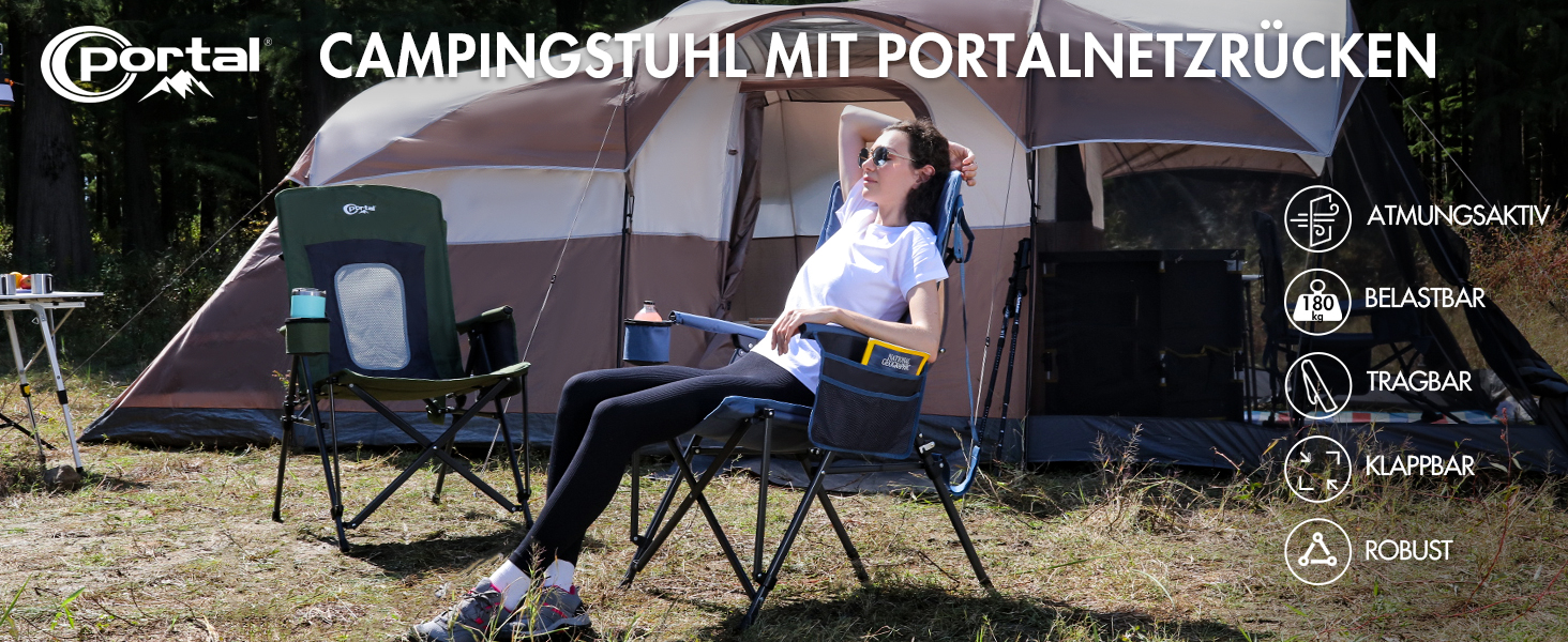 Крісло для кемпінгу Portal, складане, 180 кг, регульоване, з кишенею та тримачем для напоїв. Підходить для риболовлі, саду, балкону, пікніка (Блакитний)