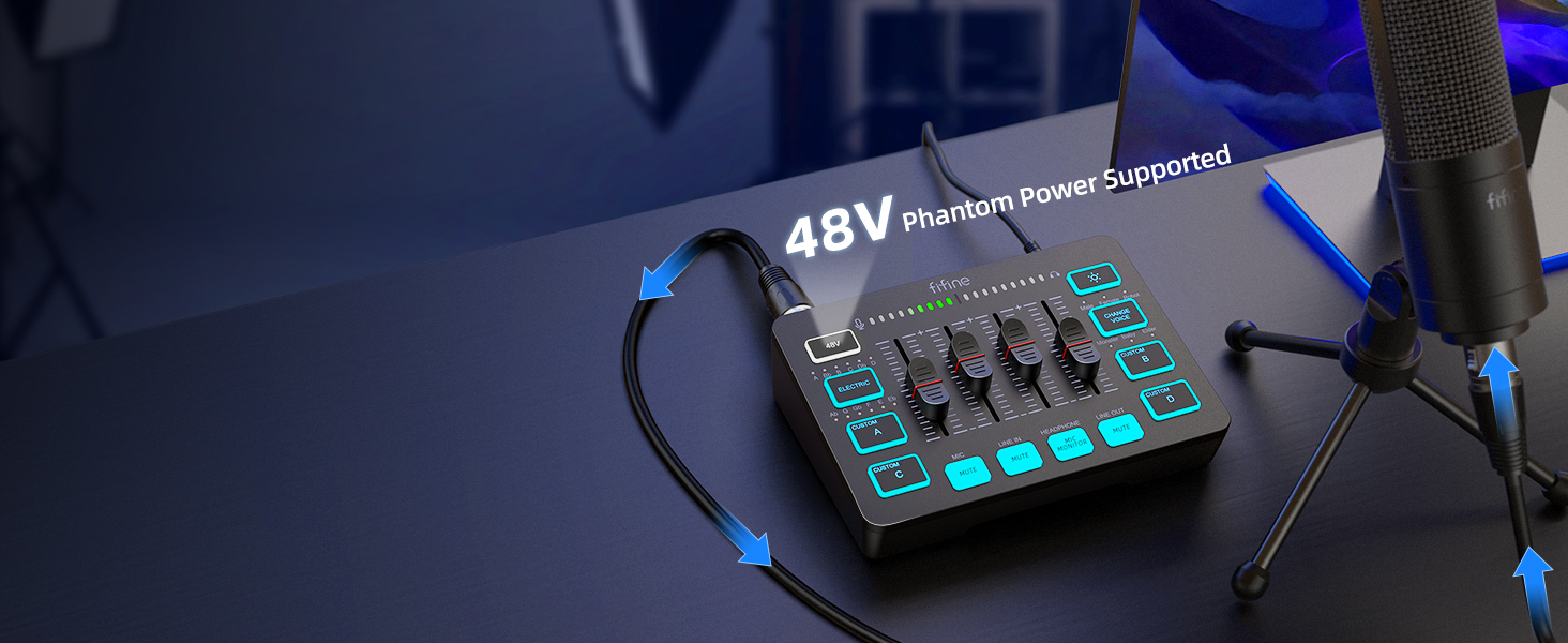 FIFINE ігровий аудіомікшер для ПК, RGB звукова карта для XLR мікрофона, аудіоінтерфейс для стрімінгу та музикантів, мікшерний пульт для геймерів і креаторів, індивідуальне керування, зміна голосу, чорний