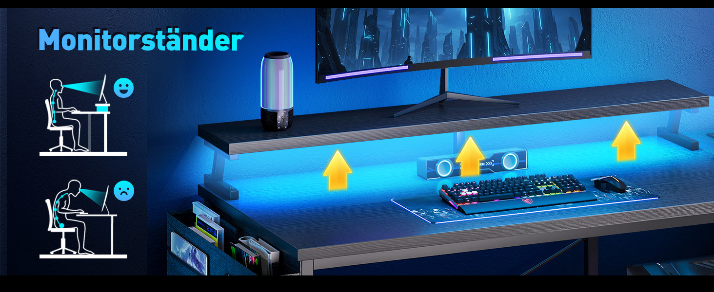 Ігровий стіл L-подібний Coleshome з LED-підсвічуванням та розетками, 120x80 см, з полицею, чорний, для офісу/робочого кабінету