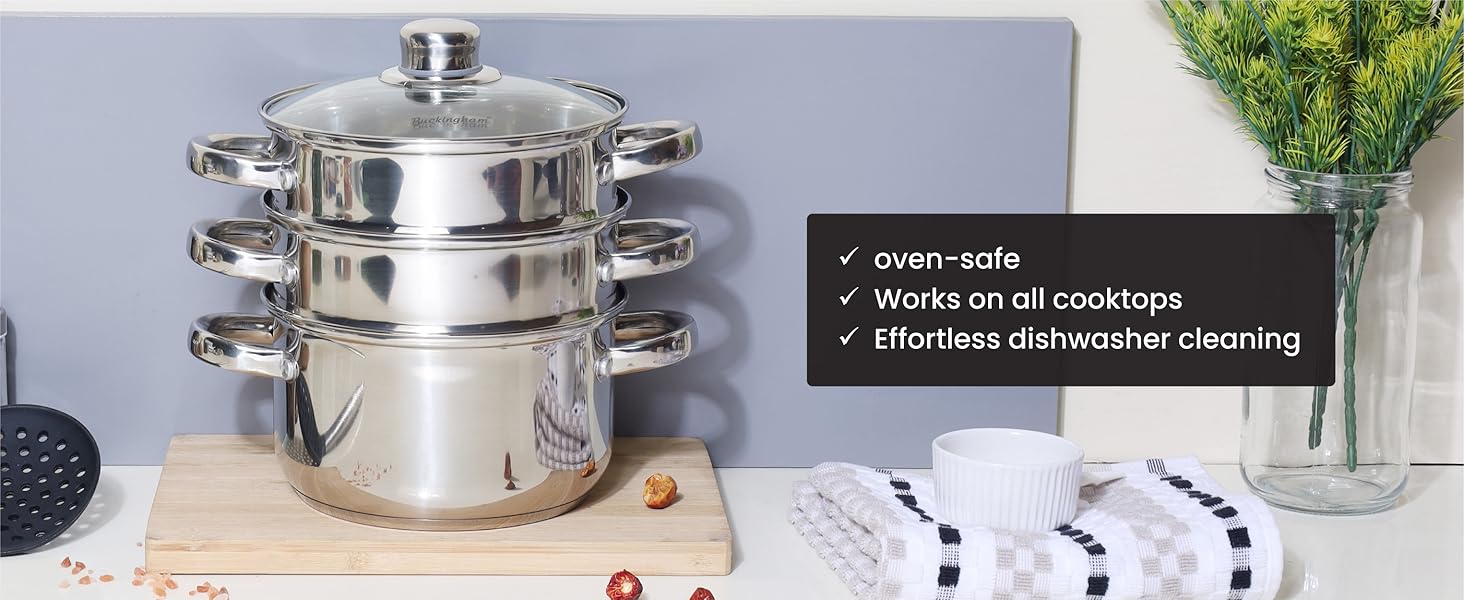 Паровий горщик Buckingham на 3 яруси зі скляною кришкою, 18 см