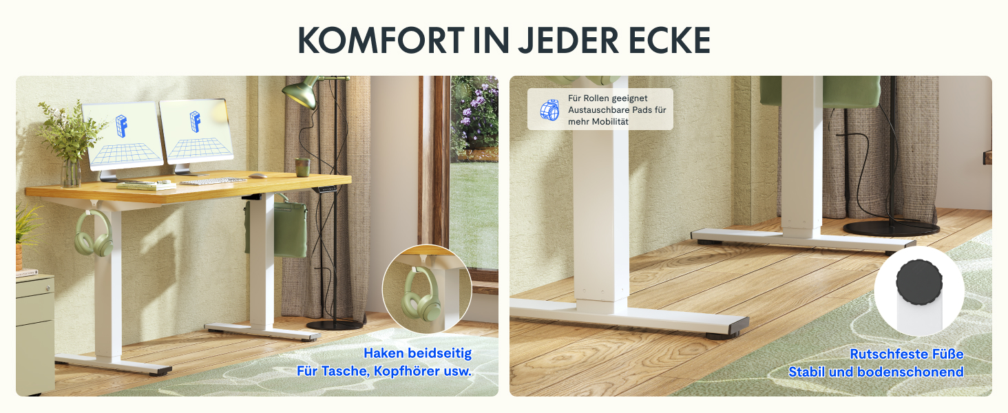 Регульований за висотою стіл FLEXISPOT 160x80 см з гачками, 25 мм стільниця, LED-дисплей та функція пам'яті (Акорн, Білий)