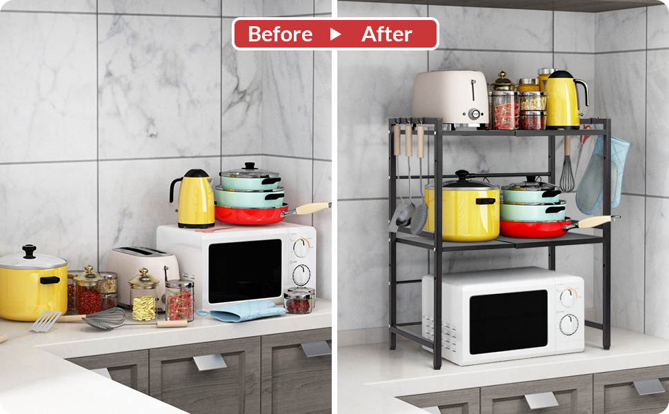 Підставка для мікрохвильової печі Todeco, 3-рівнева, регульована, з 6 гачками, чорна, до 25 кг, 36-60 x 36 x 44 см