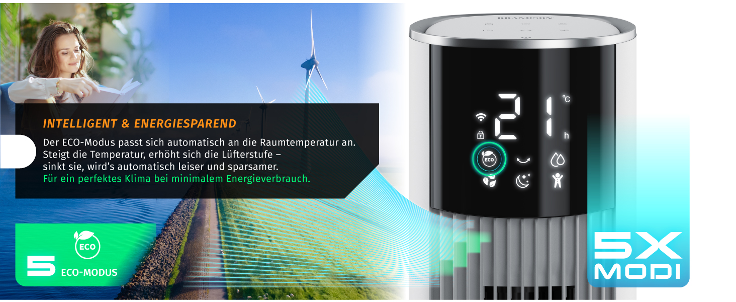 Вентилятор вежний з Wi-Fi та охолодженням Brandson ECO GREEN – розумне охолодження для дому, тихий, з керуванням Alexa, мобільний кондиціонер