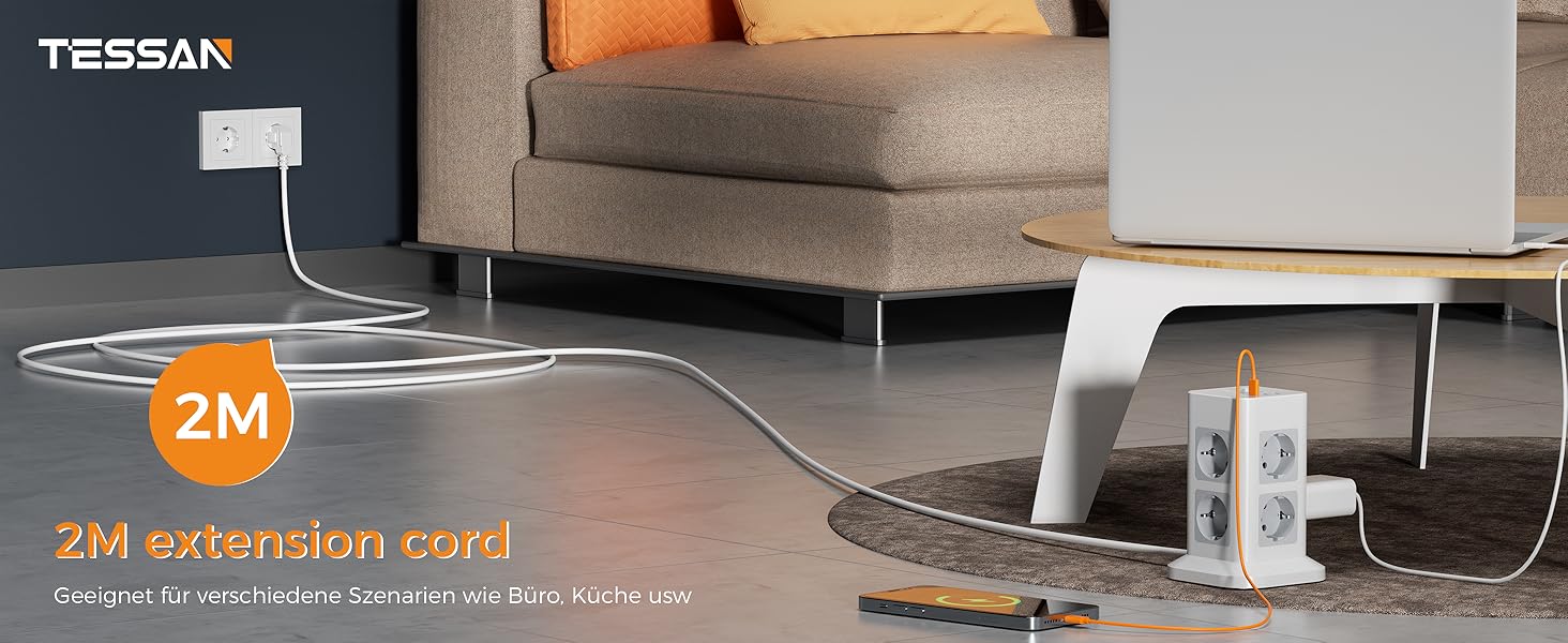 Блок розеток TESSAN з захистом від перенапруги, 3600W, 16A, 8 розеток, 3 USB-C, 2M, сірий