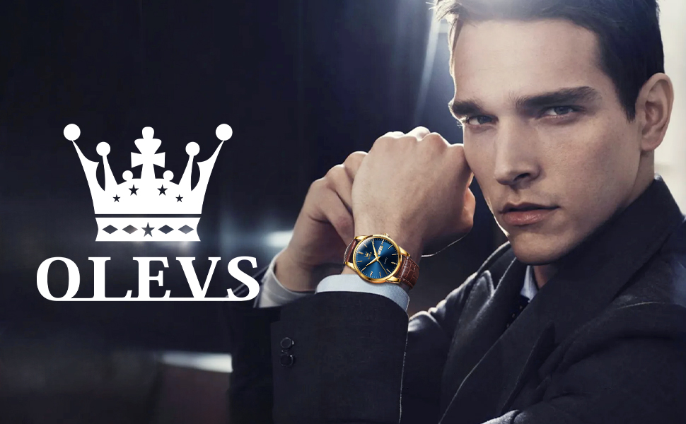 Чоловічий годинник OLEVS з нержавіючої сталі, кварцовий аналоговий годинник, класичний діловий годинник, водостійкий, з підсвічуванням, з датою, на шкіряному ремінці (C2-блакитний циферблат/коричневий ремінь)