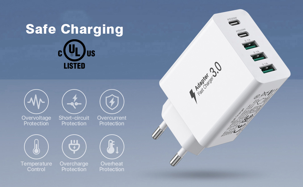 Зарядний пристрій USB-C 50W, 5 портів: 2 USB-C + 3 USB-A, Fast Charge PD 3.0, сумісний з iPhone, Samsung, планшетами - Білий