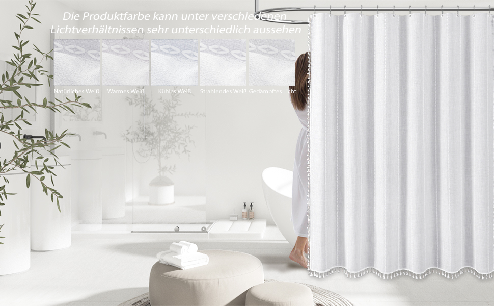 Тканинний душовий завіс BTTN 182 x 200 см, Бохо-фермерський стиль, з кистями, водовідштовхувальний, з вагою, 12 гачків, (Білий, смугастий)