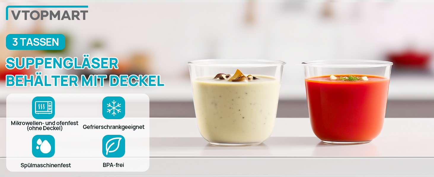 Набір контейнерів для їжі Vtopmart (15 шт.) з кришкою, скляні дозовані контейнери, для зберігання їжі, сумісні з мікрохвильовою піччю, морозильником та посудомийною машиною (6 шт. супових мисок)