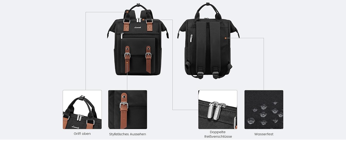 LOVEVOOK Рюкзак жіночий великий, водонепроникний, для подорожей, ручної поклажі, з відділенням для ноутбука 14 дюймів, чорно-коричневий