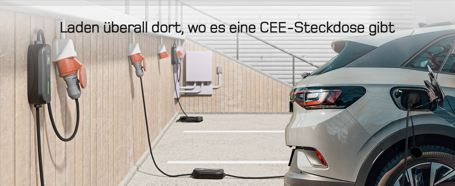 Мобільна зарядна станція для електромобілів Dé 11 кВт (3 фази, 7м, 6-16A) з регулюванням потужності, кабель CEE 16A на Typ 2, сумісна з Model Y/3, ID.3/4/5, MG4, EX30, e-up, e-tron, Zoe та іншими електромобілями