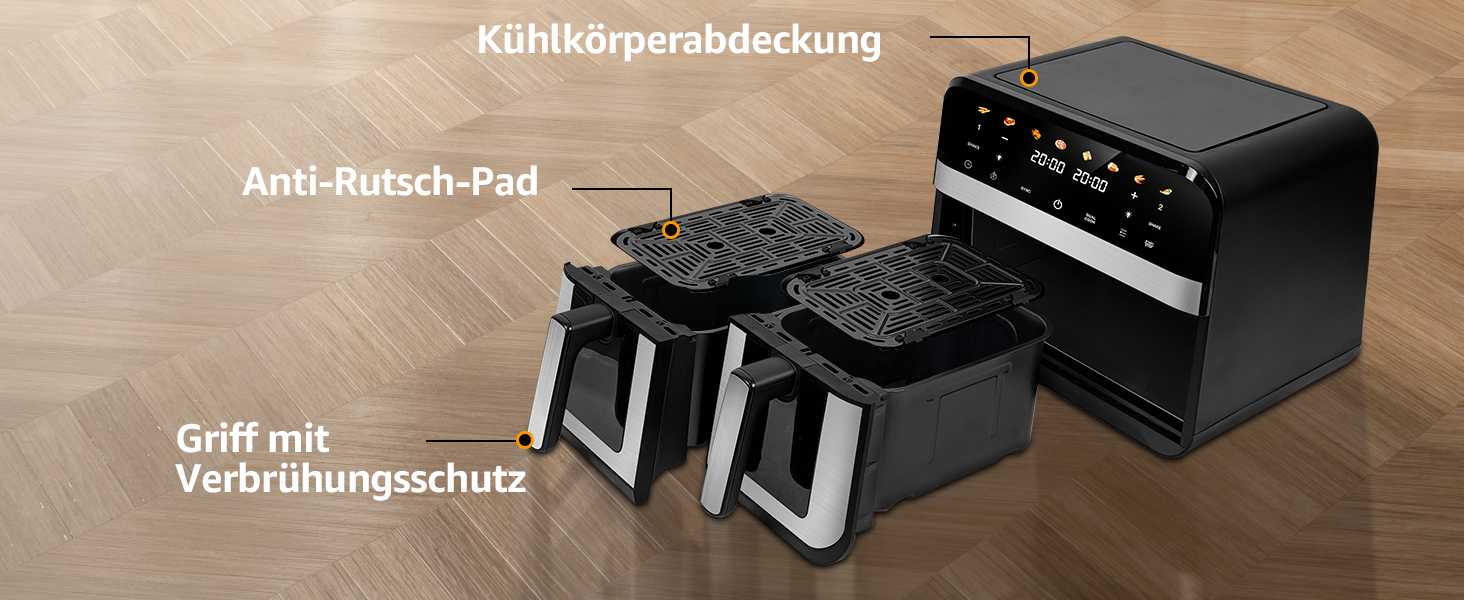 Фритюрниця повітряна Jacgood з 2 кошиками, 1800W, 9L, цифрове керування, 8 меню, з прозорим вікном