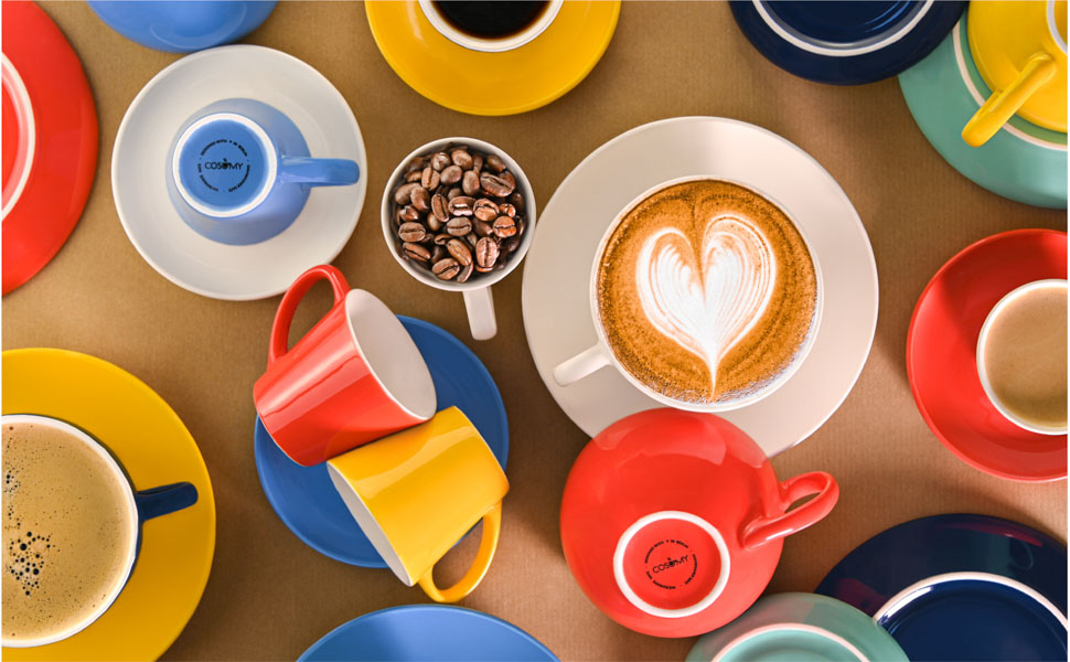 Набір чашок еспресо Cosumy 6 шт. з підставками - кераміка, кольорові, 70 мл, з можливістю складання, зберігає тепло, сучасний дизайн, подарункова коробка