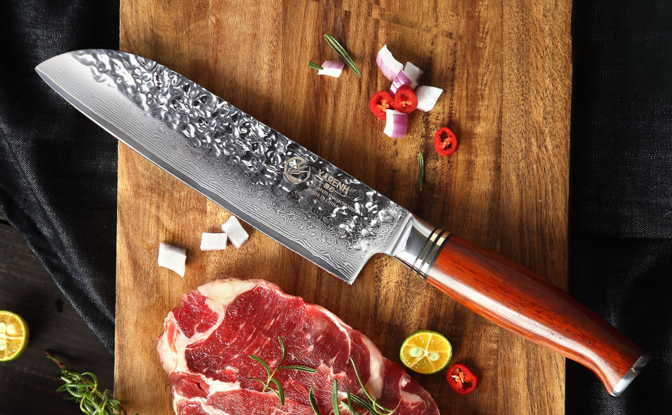 Кухонний ніж Santoku YARENH 18 см з дамаської сталі 73 шари, гострий, дерев'яна ручка, серія HTT