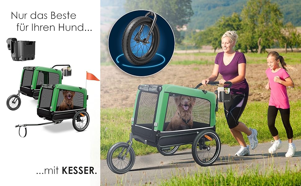 KESSER® Візок для собак Боксер 3-в-1: візок, буксир, велосипедний причіп. Великий об'єм 240 л, амортизація, поворотне переднє колесо 360°, матеріал 600D Oxford Canvas, SmartSpace, вантажопідйомність 40 кг, зелений