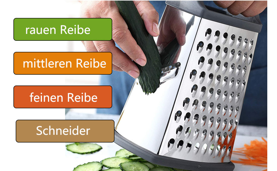 Нержавійна тертка з 4 сторонами для кухні: грубе та дрібне тертя, для овочів, фруктів, сиру, придатна для миття в посудомийній машині (чорний)