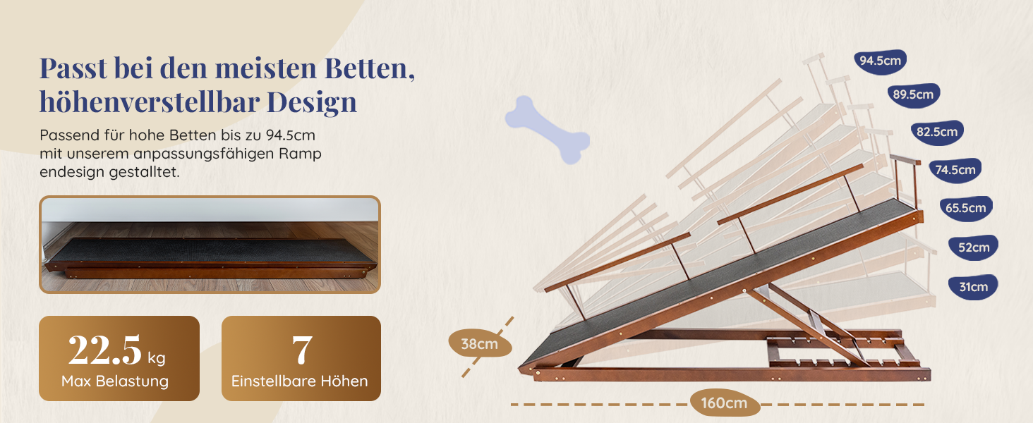 Сходинки для собак PRIORPET з натурального березового дерева з поручнями - регульована висота до 94.5 см - складаються - антиковзні ручки - для собак до 23 кг - колір Walnut
