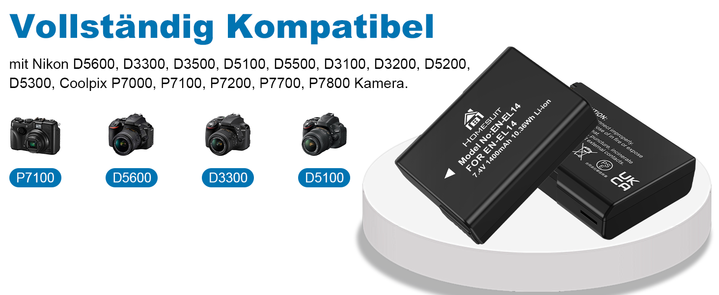 Акумулятор EN-EL14 1300mAh та USB LED зарядний пристрій для Nikon D3100, D3200, D3300, D3500, D5100, D5200, D5300, D5500, D5600, Coolpix P7000, P7100, P7200, P7700, P7800 (2 шт.)
