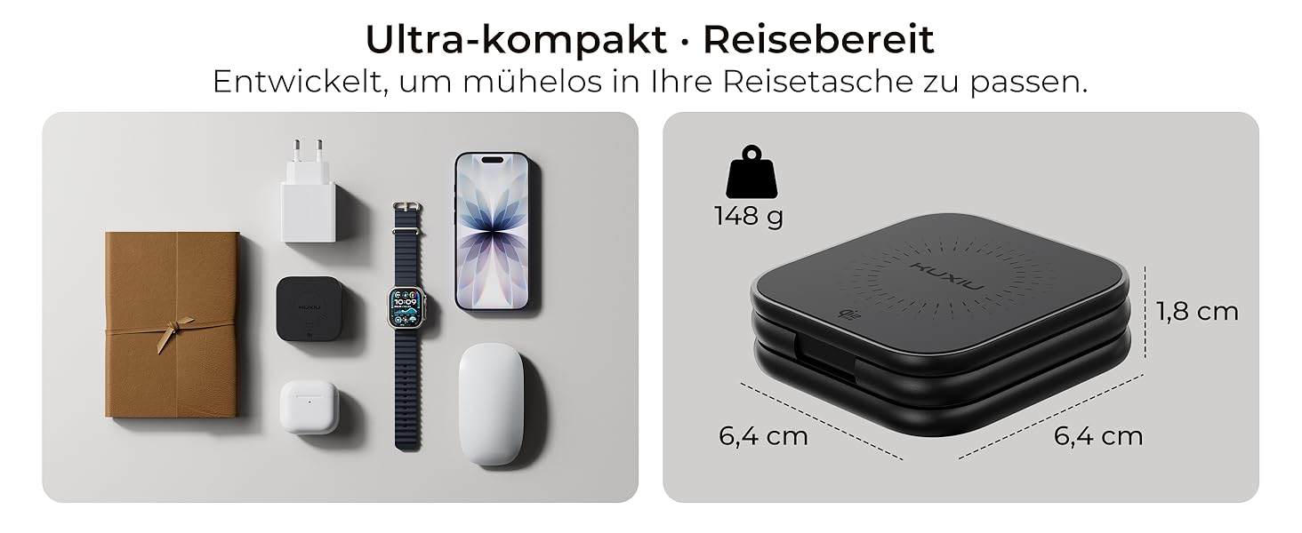 Зарядна станція KU XIU X40 Turbo Qi2.2 25W 3-в-1 для iPhone 17/16/15/14/13/12, Apple Watch та AirPods, складна бездротова зарядка, алюмінієвий адаптер GaN 45W (Чорний)