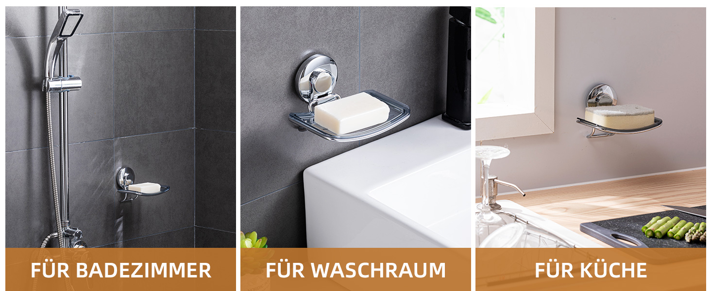 Тримач для мила LEVERLOC з піддоном, місткість до 3 кг, настінний, без свердління, з присосками, для ванної кімнати та кухні, білий (1 ступінь хромована сталь)