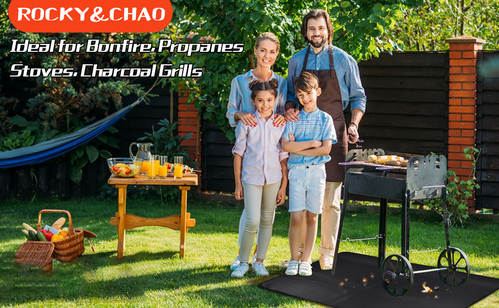 Вогнетривкий килимок для гриля та мангала ROCKY&CHAO, захисна підкладка з скловолокна та алюмінію 152x107 см для кемпінгу та тераси