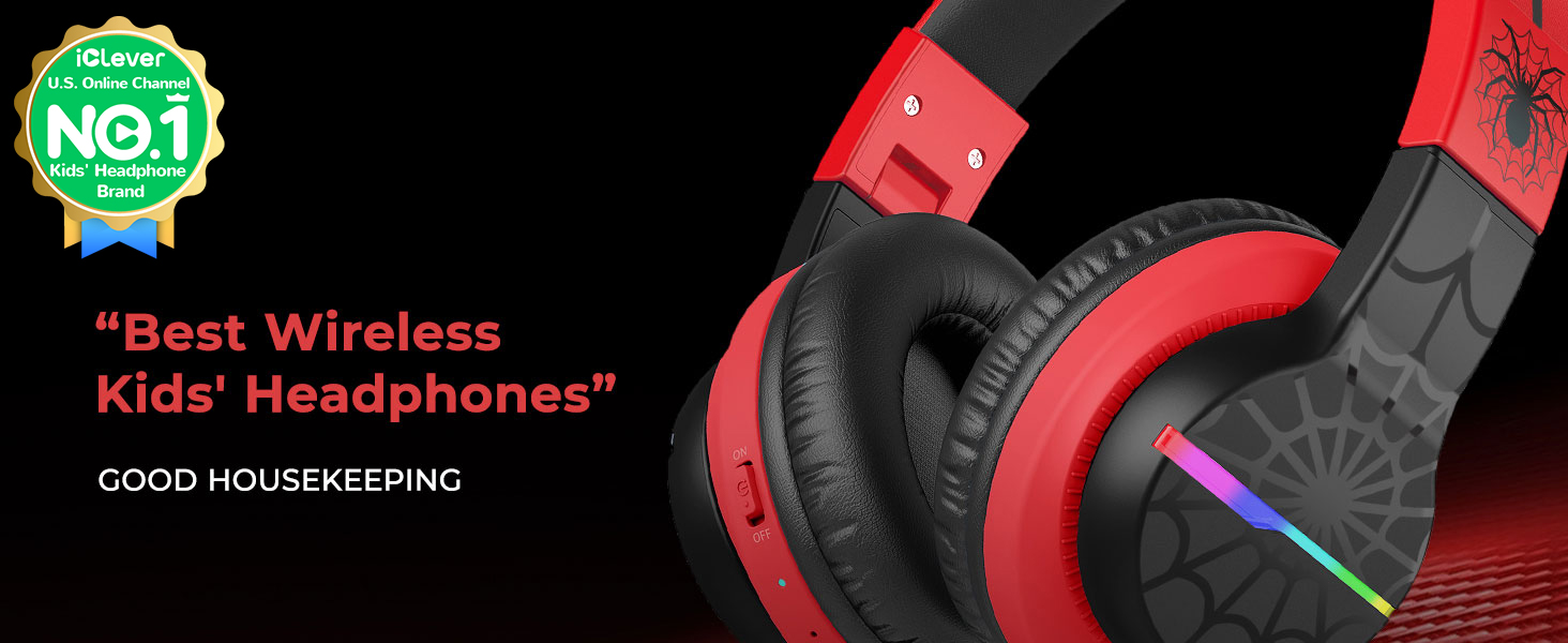 iClever Бездротові навушники для дітей з LED-підсвіткою, Over-Ear, Bluetooth 5.2, мікрофон, BTH12 (Чорний/Червоний)