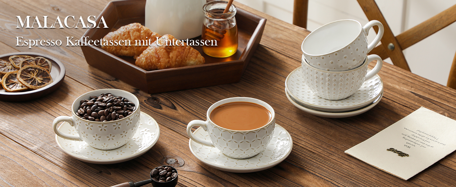 Набір кавових чашок MALACASA з блюдцем, 8 шт. (4 персони), кавовий сервіз з порцеляни, об'єм 180 мл, для кави, чаю, десертів, бежевий