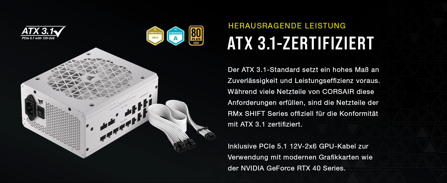 Блок живлення Corsair RM1000x Shift 1000W White, ATX 3.1 & PCIe 5.1, 80 Plus Gold, повністю модульний, бічний інтерфейс підключення, Zero RPM