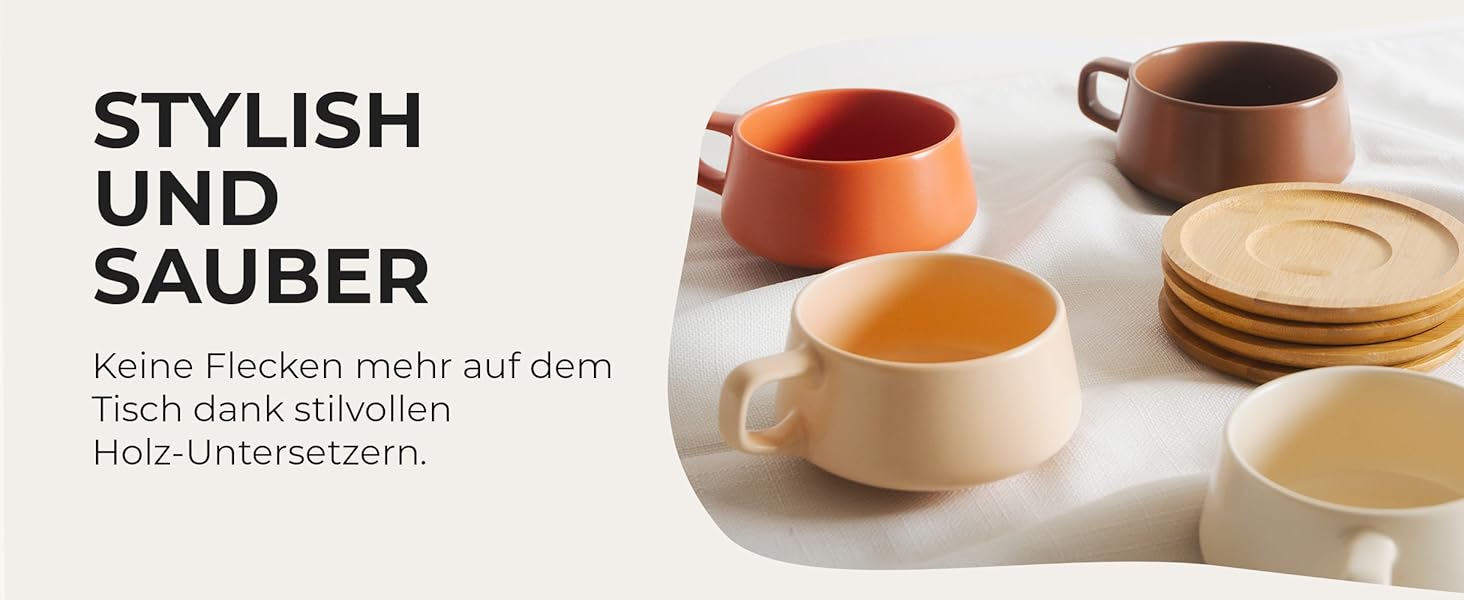 MIAMI - Set of 4 x 320 ml Coffee Cups/Cappuccino Cups with Saucers/Elegant/Modern/Coffee Cups made of Stoneware - Luxe Collection 4-Piece Set (Beige Pastel)