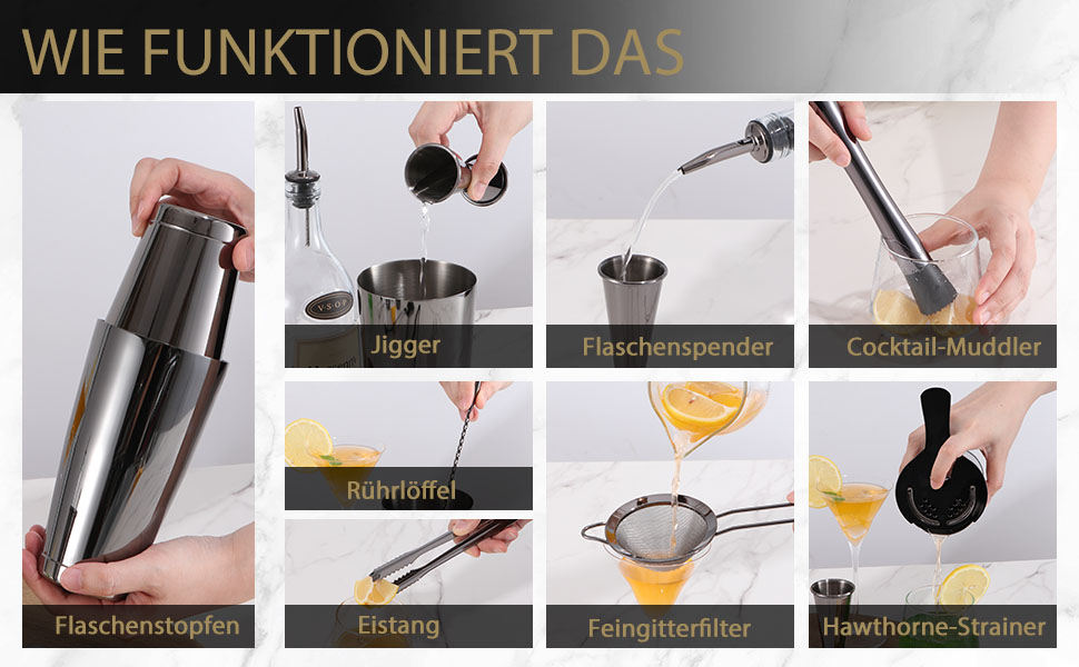 Набір шейкерів для коктейлів YXT&BEYOND Premium, 12 шт., нержавіюча сталь 304, чорний, для дому та барів, з подарунковою коробкою