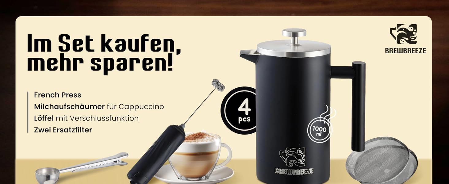 Набір для приготування кави френч-прес, термоізольований, з пітчером для спінювання молока, нержавіюча сталь (чорний, 1 літр)