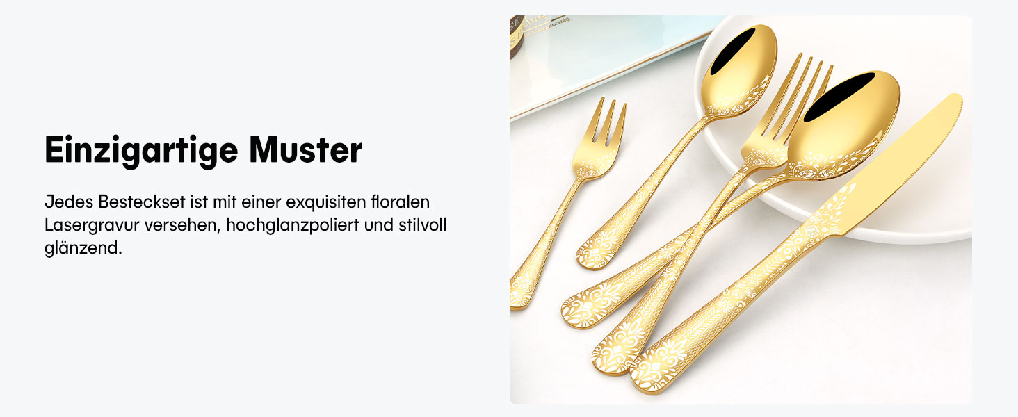 Набір столових приборів на 6 осіб HONKKU з нержавіючої сталі, з ножами для стейку, миючий посуду, 36 предметів, рожеве золото, з квітковим візерунком