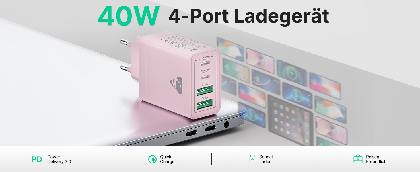 Мережевий адаптер USB-C з 4 портами, 40W, з інтелектуальною зарядкою QC, для iPhone, Samsung та інших телефонів