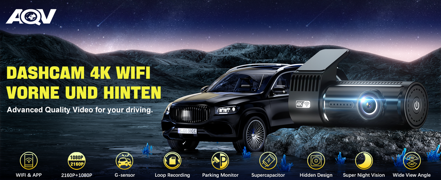 Відеореєстратор AQV Dashcam Auto Vorne und Hinten 4K з WiFi, 64GB SD, G-сенсор, Super Night Vision, 170°+140° Кут огляду, Black-D18