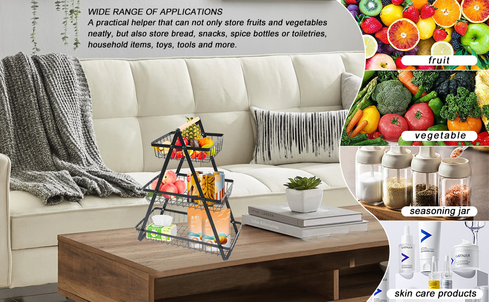 Багатоярусна металева підставка для фруктів та овочів MaxEarn - 3 яруси, велика місткість, з дерев'яною ручкою