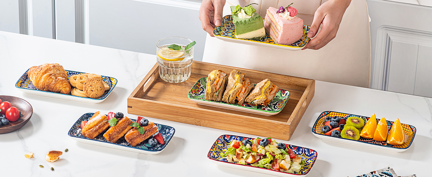 Сервіровочні тарілки HENXFEN з порцеляни, 25.4 см, набір прямокутних тарілок, 25.4 x 17.8 см, для салату, закусок, сашімі, богемний квітковий дизайн у 6 яскравих кольорах (прямокутна тарілка 20.3 см)