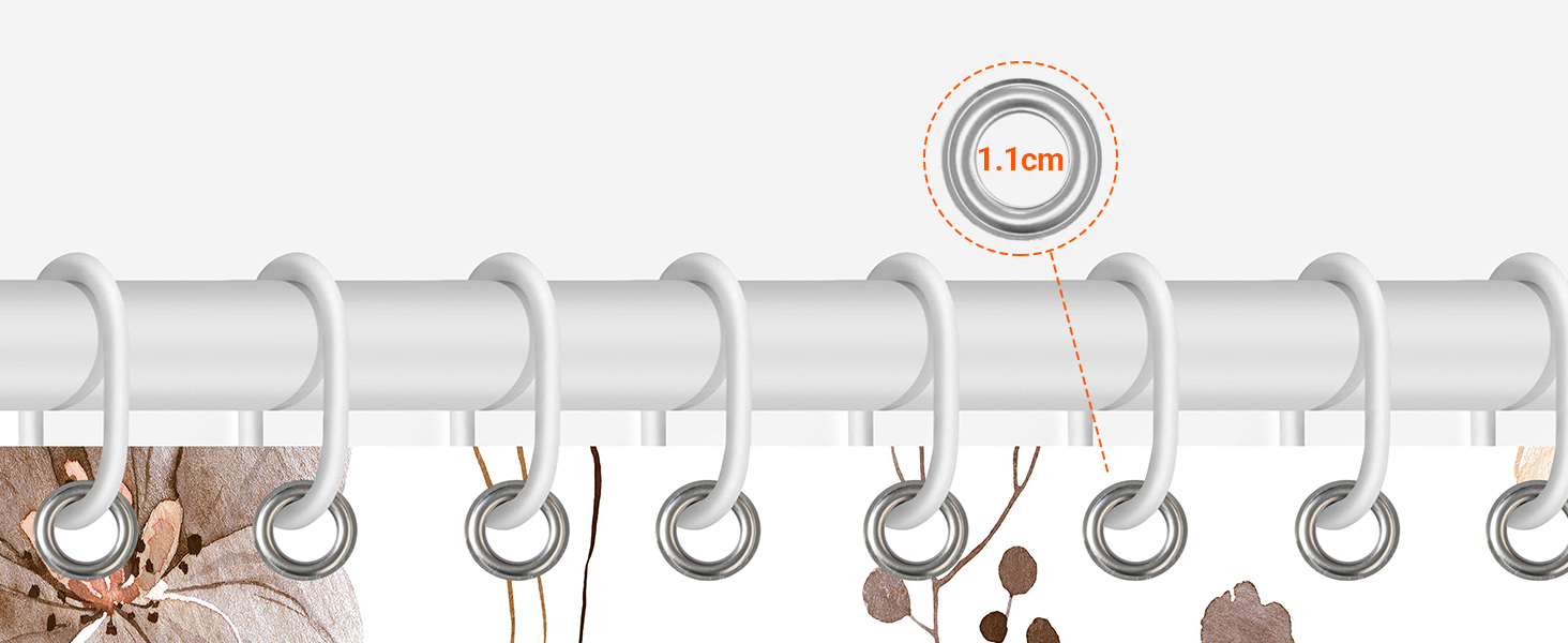 Штора для душу 240x200 см коричнева з квітами, антигрибкова, водовідштовхувальна, поліестер, з кільцями для ванної кімнати