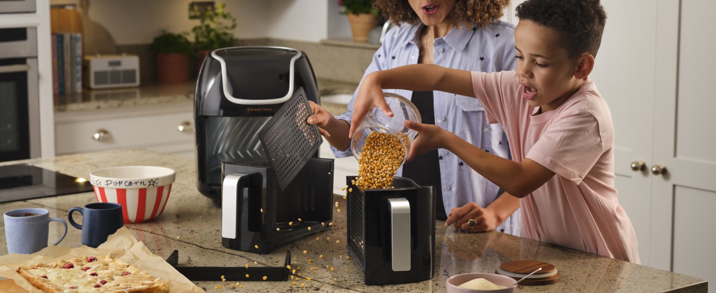 Фритюрниця електрична Russell Hobbs подвійна 8.5л з технологією Rapid Air Fryer, 8 програм, сенсорний екран, кошики 4.25л, посудомийна безпека 27290-56S