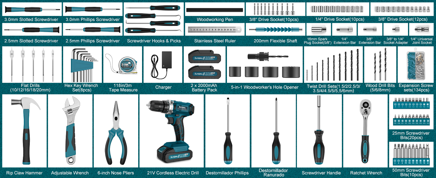 Набір інструментів Sundpey 255 шт. з акумуляторною дриль-шуруповертом 21V, акумуляторний набір з 2 * 2000mAh акумуляторами, ящиковий інструмент з шухлядою для ремонту дому та автомобіля, блакитний
