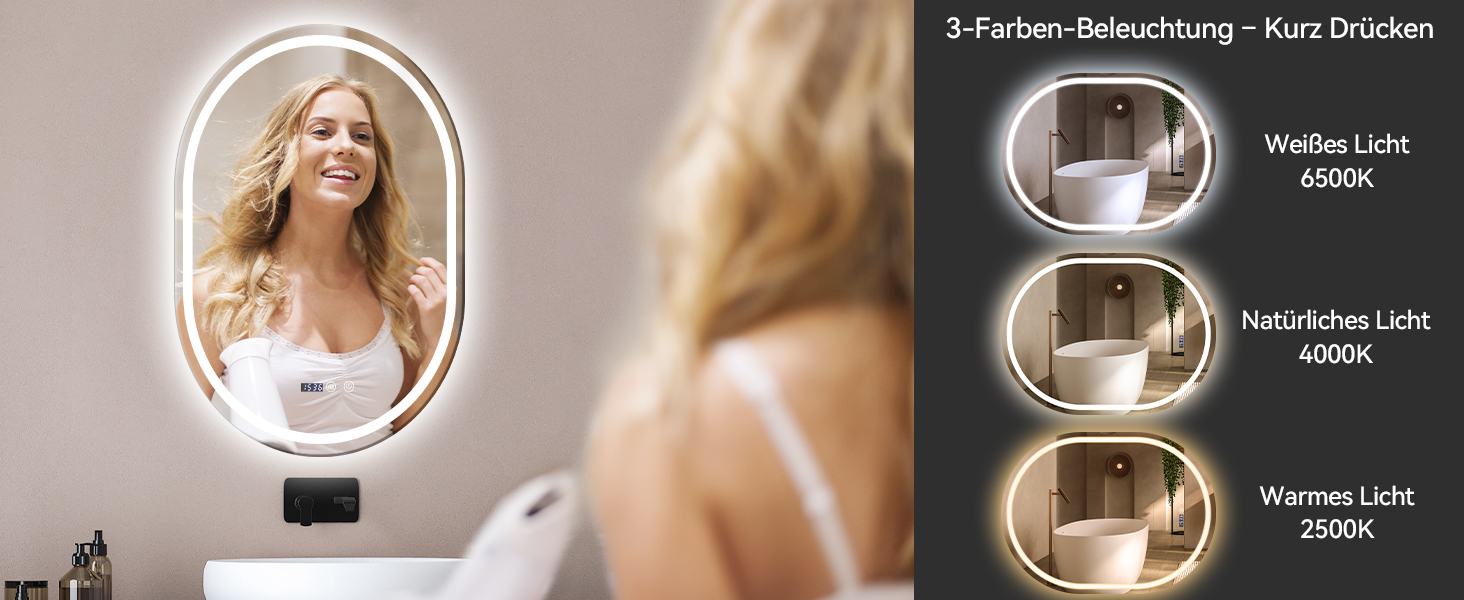 Дзеркало для ванної кімнати YOURLITE з підсвічуванням, 60 см, LED, сенсорне керування, 3 кольори світла, регулювання яскравості, антизапар, пам'ять, годинник, овальне, білий