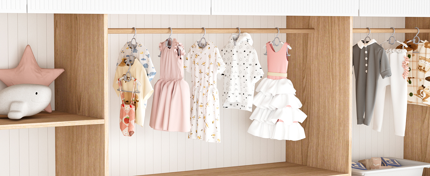 Вішалки для дитячого одягу HGYZE, 20 шт., 29-37 см, з підвішуванням для штанів, пластикові, стакові, регульовані, сірі та білі